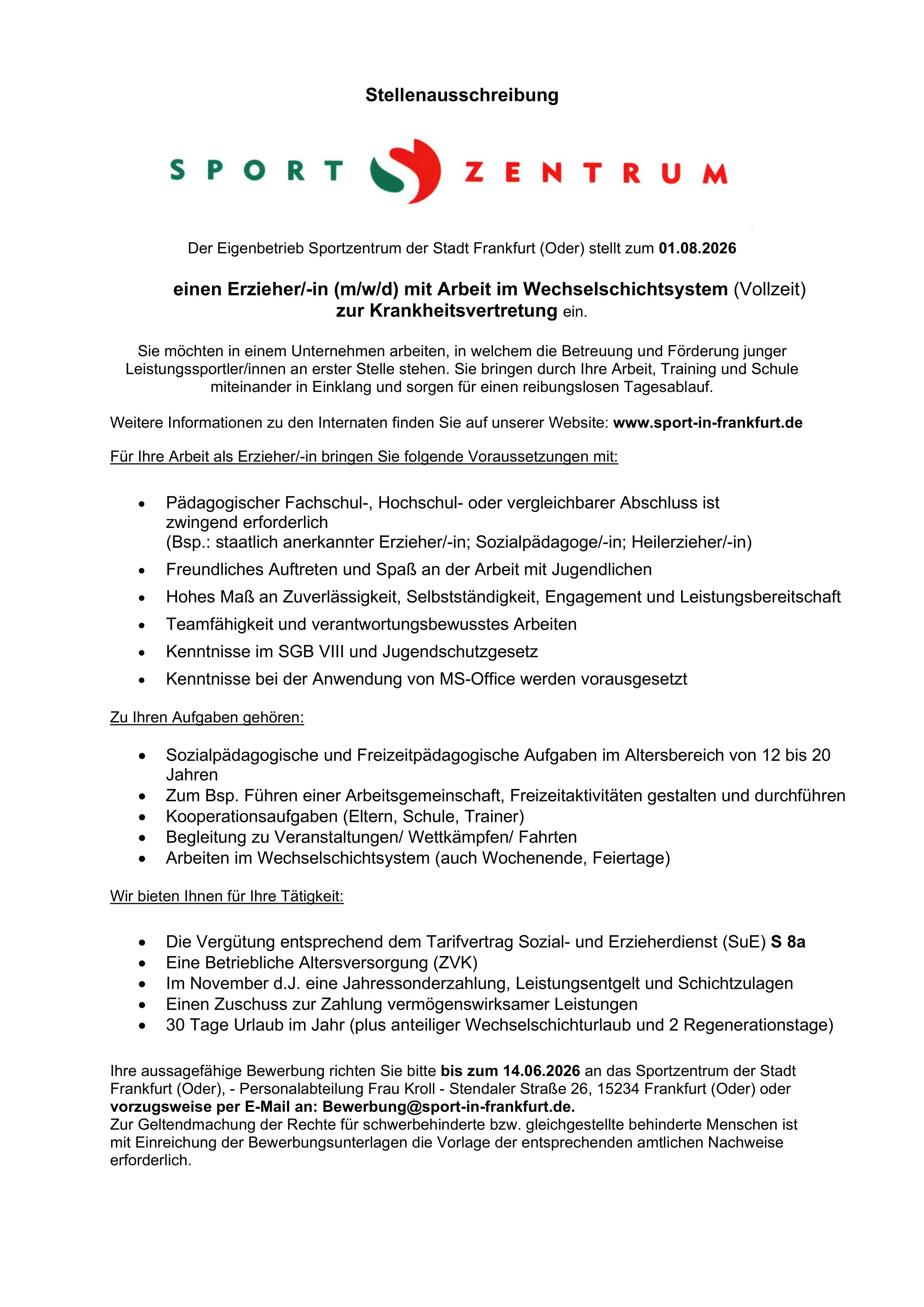 Erzieher/-in (m/w/d) mit Arbeit im Wechselschichtsystem